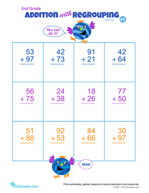 Second grade math worksheet for practicing two-digit addition with regrouping skills