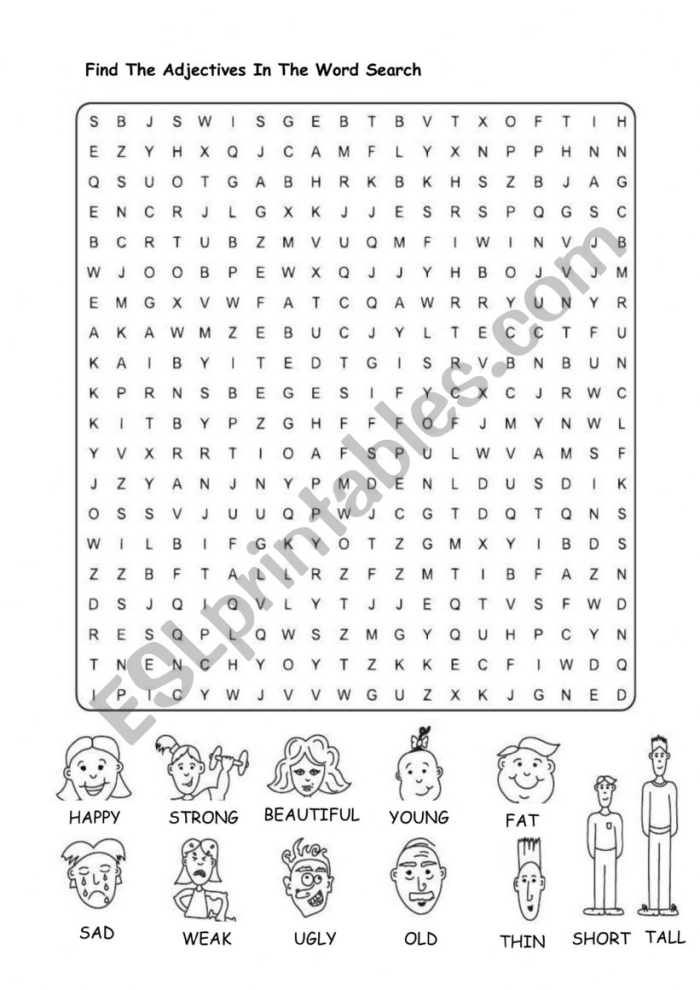 Adjectives Word Search worksheet for second graders to enhance their vocabulary skills