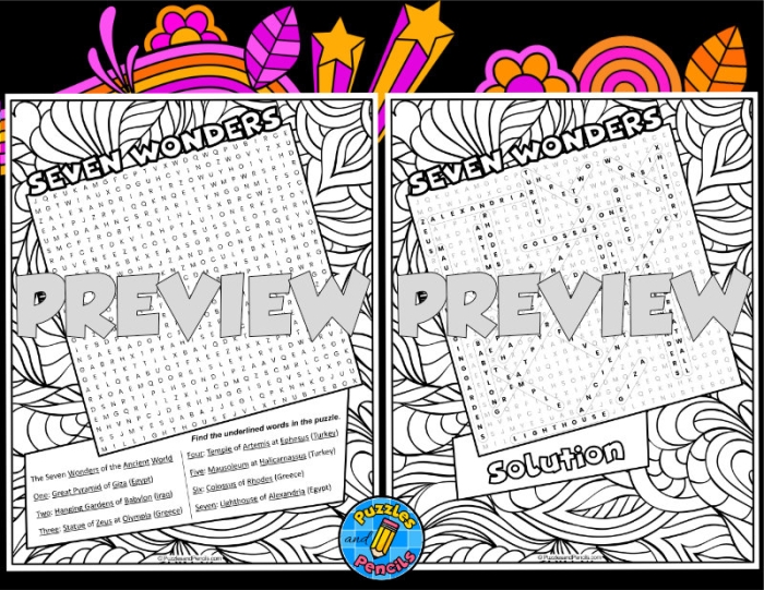 New 7 Wonders Word Search worksheet for second graders to enhance vocabulary