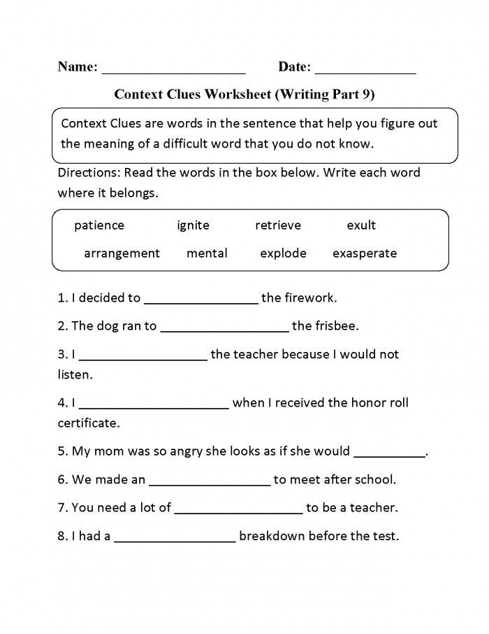 Worksheet image illustrating various strategies for understanding unknown words in grammar and mechanics Second grade students work on the Read the Word Clues worksheet to learn new vocabulary strategies