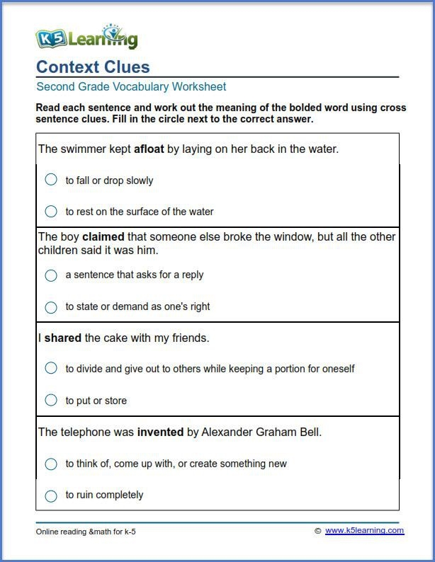 Grammar and Mechanics worksheet for Second Grade Second grade students engaging with the Read the Word Clues worksheet to discover unknown word meanings. Worksheet image showcasing strategies for vocabulary comprehension in grammar and mechanics.