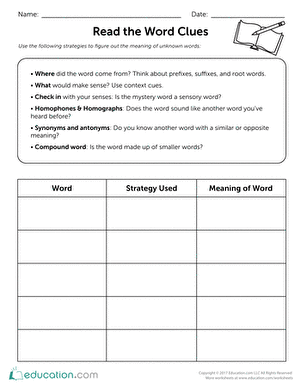 Grammar and Mechanics worksheet for Second Grade Second grade students engaged with the Read the Word Clues worksheet, exploring unknown words and their meanings. Worksheet image illustrating strategies for understanding vocabulary in grammar and mechanics.