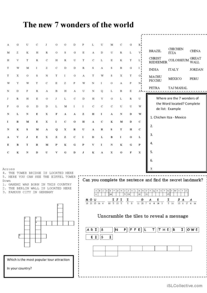 New 7 Wonders Word Search worksheet for second graders to enhance vocabulary