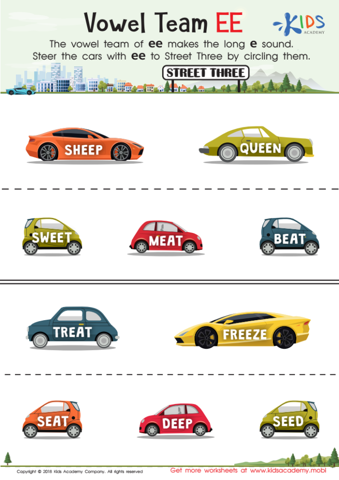 Worksheet featuring the "ee" vowel team for second graders to enhance their vocabulary skills. Second grade "ee" vowel team worksheet for practicing context clues and word bank usage.