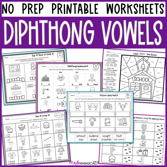 Children engaged in a phonics worksheet focused on the vowel diphthong AU