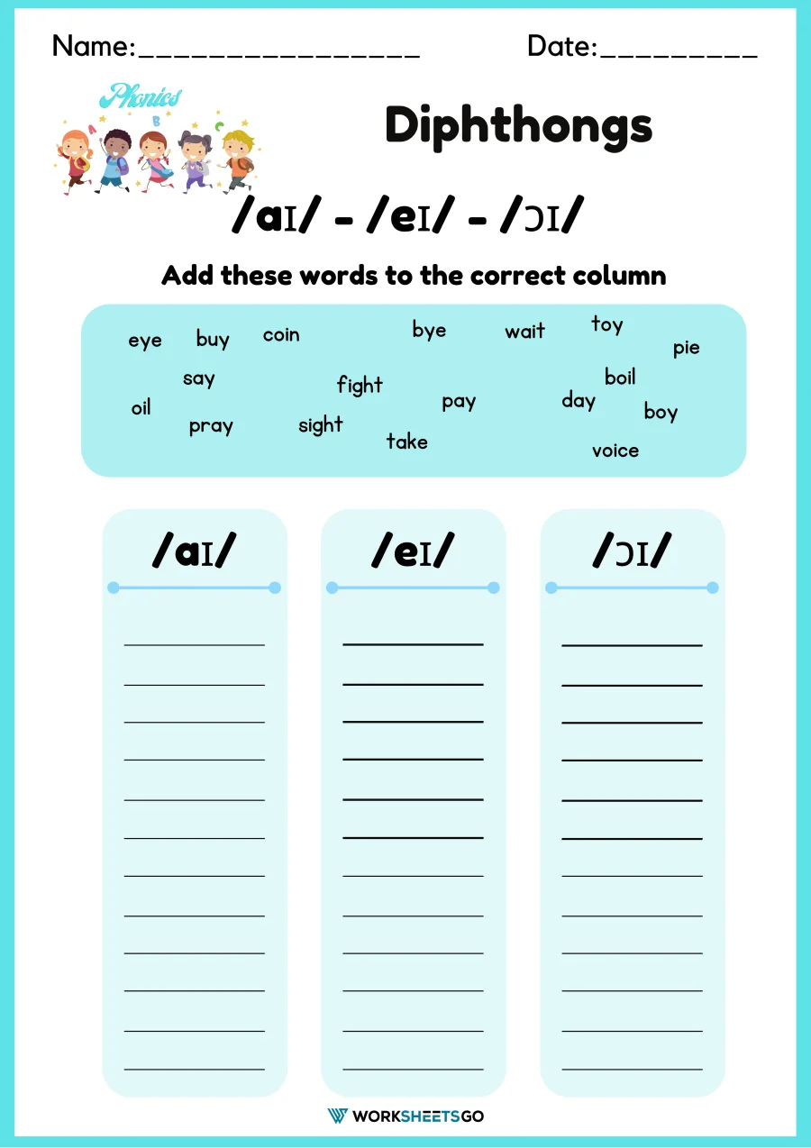 Kids practicing vowel diphthongs with an engaging AU worksheet for second graders