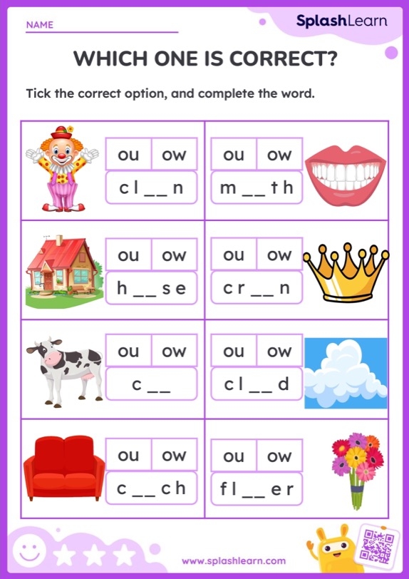 Practice Reading Vowel Diphthongs: ow worksheet for phonics learning Worksheet featuring vowel diphthongs "ow" for second graders to practice reading