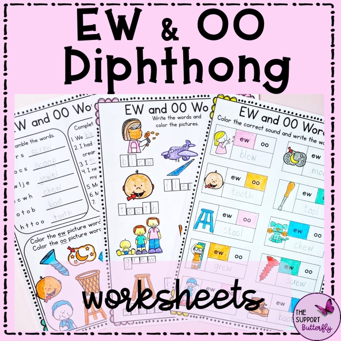 Second grade student completing a phonics worksheet to practice reading and decoding ew words