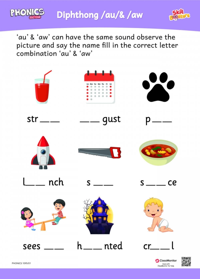 Students practicing vowel diphthongs with an AU worksheet for phonics skills. Educational resource for second graders focusing on vocabulary building.