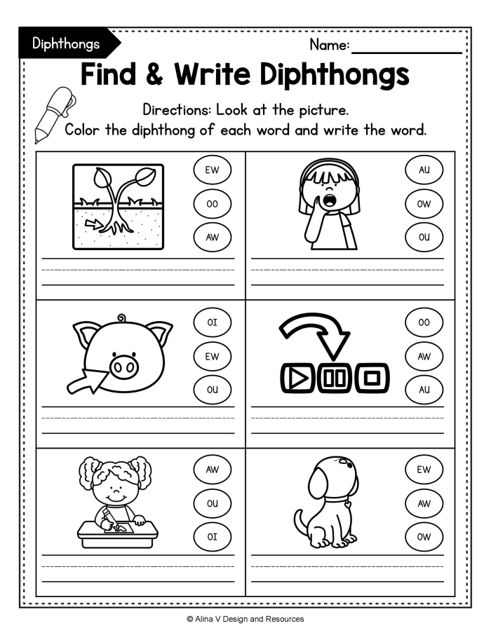 Students practicing vowel diphthongs with the AU worksheet for phonics skills