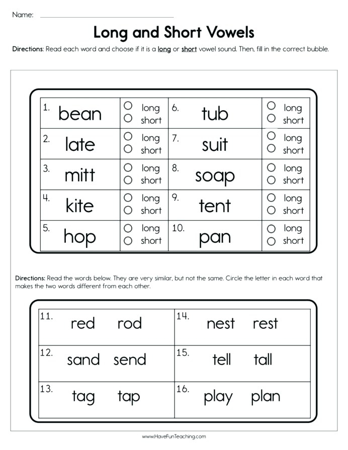 Long & Short Vowel Check-in worksheet for assessing vowel sound patterns Worksheet for sorting long and short vowel sounds in second-grade spelling