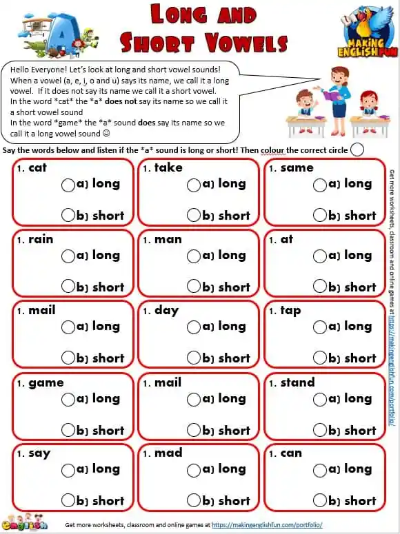 Worksheet image illustrating a vowel sorting exercise for young readers Second grade Long & Short Vowel Check-in worksheet for sorting vowel sounds