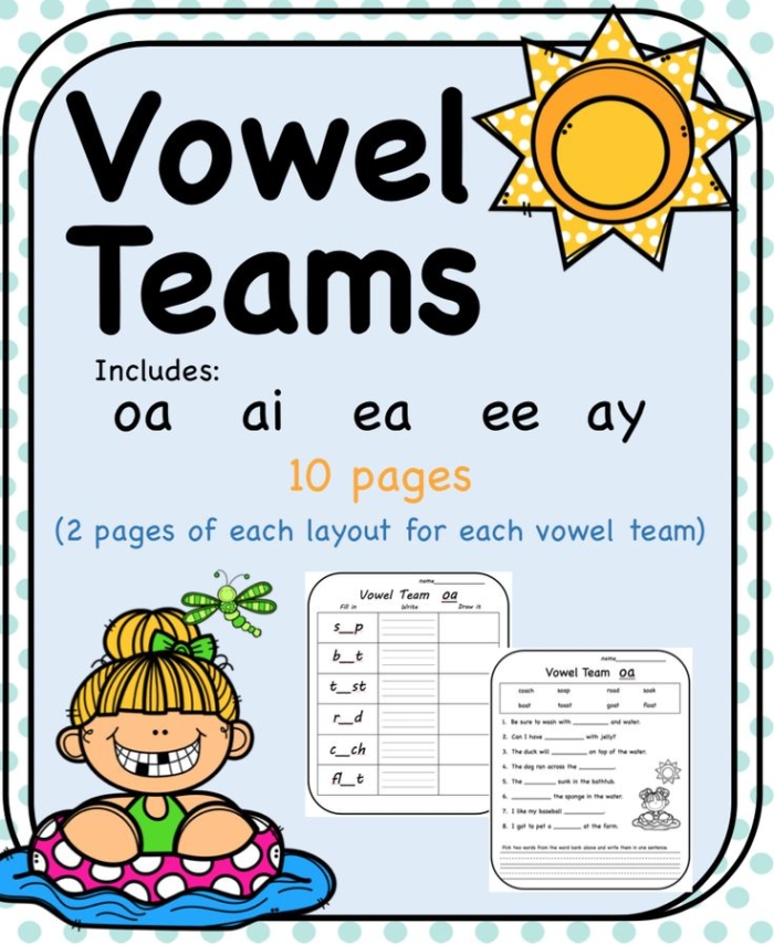 Vowel Teams Practice Worksheet for Second Grade Lesson 8 Second grade student completing a vowel teams worksheet with fill in the blank and word search activities