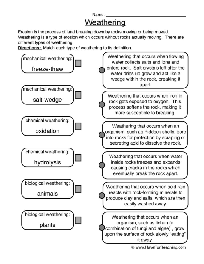 Second grade science worksheet about weathering and erosion processes