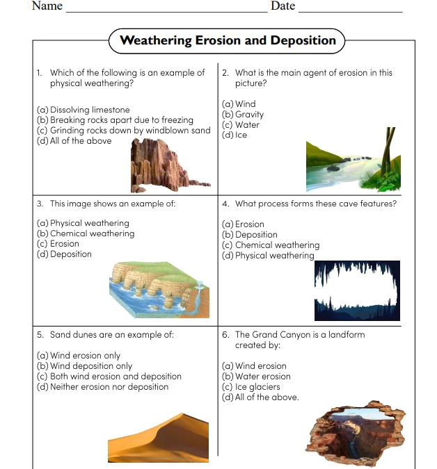 Second grade worksheet about earth changing through weathering and erosion