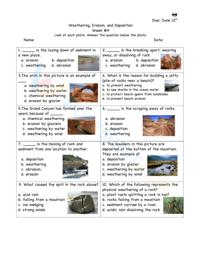 Second grade student worksheet explaining the concepts of weathering and erosion on Earth