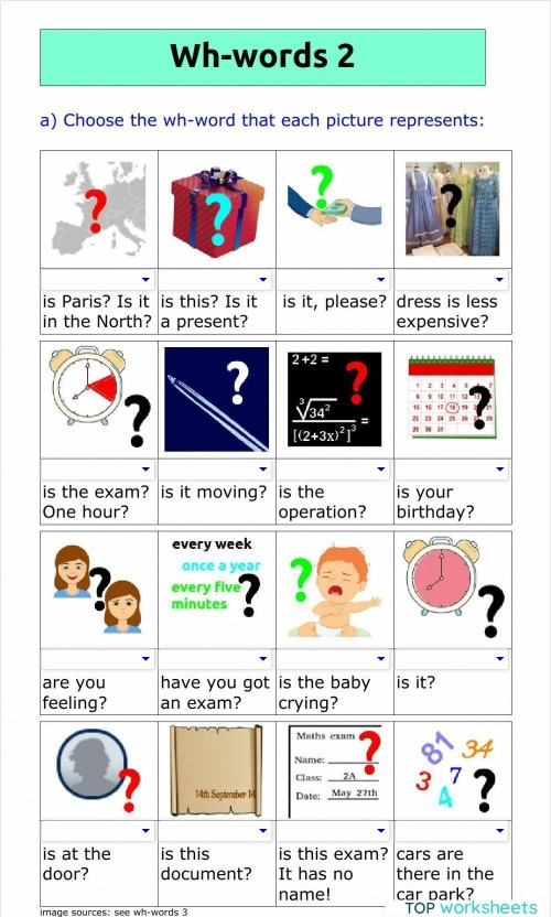 Second grade grammar worksheet featuring colorful illustrations of the five Wh question words with practice exercises