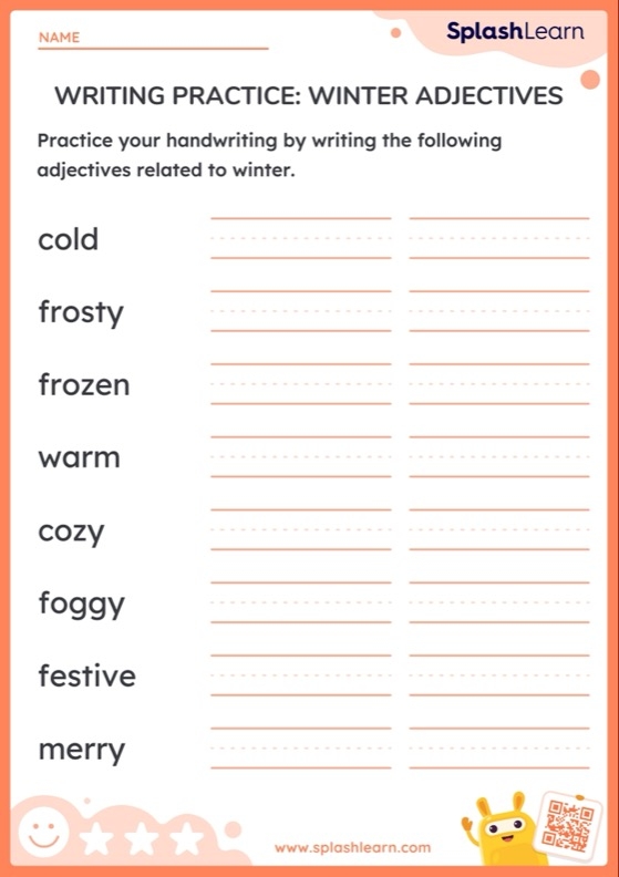 Second grade students practicing winter adjectives by writing creative sentences with descriptive words on a grammar worksheet