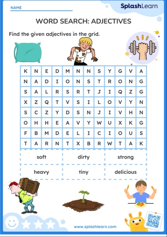 Second grade Adjectives Word Search worksheet for phonics practice