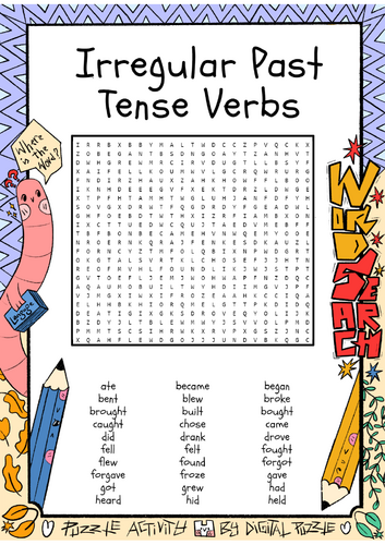 Engaging word search activity focusing on changing present verbs to their irregular past forms Interactive worksheet for second graders on irregular past tense verbs in a word search format