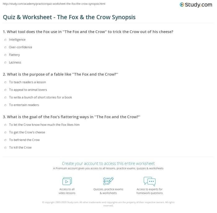 A second-grade worksheet featuring the fable The Fox and the Crow for mixed operations practice