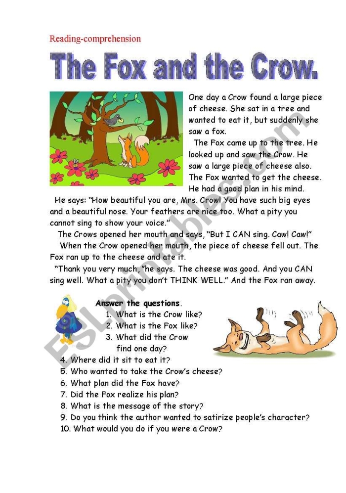 Second grade reading comprehension worksheet featuring The Fox and the Crow fable for mixed operations practice