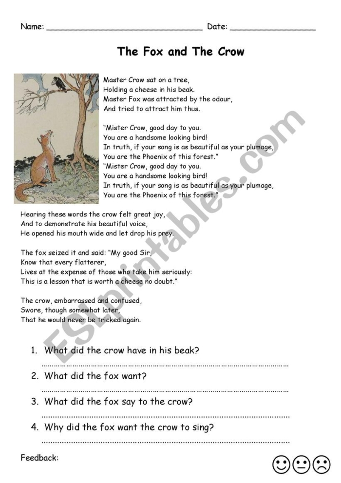Second grade reading comprehension worksheet featuring the fable of The Fox and the Crow with mixed operations math problems
