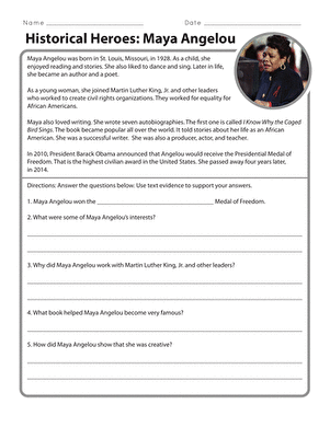 Children engaging with a Historical Heroes worksheet featuring Maya Angelou