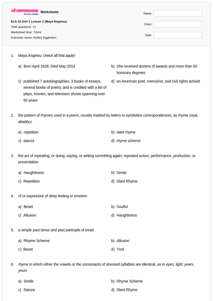 Worksheet featuring Maya Angelou for second graders exploring historical heroes