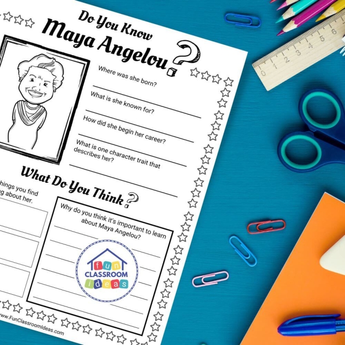 Worksheet featuring Maya Angelou, showcasing her contributions as an author, activist, and poet for second graders