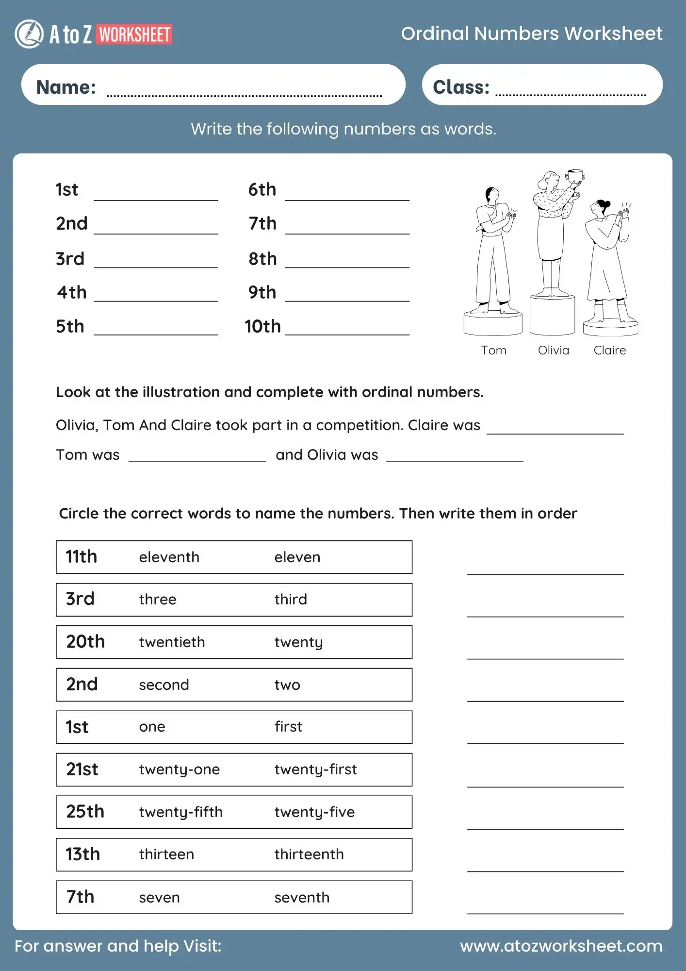 Second grade worksheet for distinguishing between cardinal and ordinal number forms