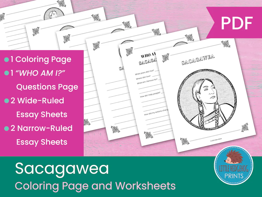 Image depicting Sacagawea guiding the Lewis and Clark expedition through the wilderness. Educational worksheet for second graders on Women in History featuring Sacagawea.