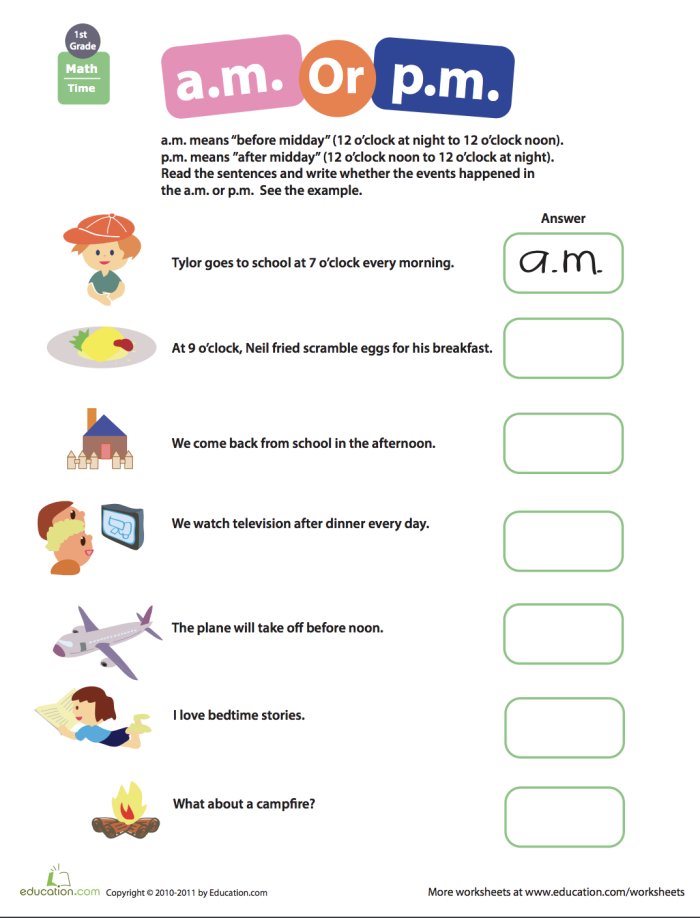 Interactive exercise to help children distinguish between morning and afternoon times Second grade worksheet for learning about a.m. and p.m. through various events
