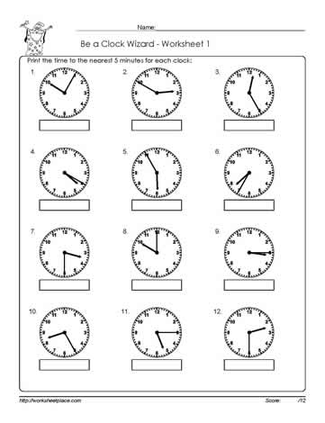 Second grade student practicing telling time to the nearest five minutes on an analog clock worksheet