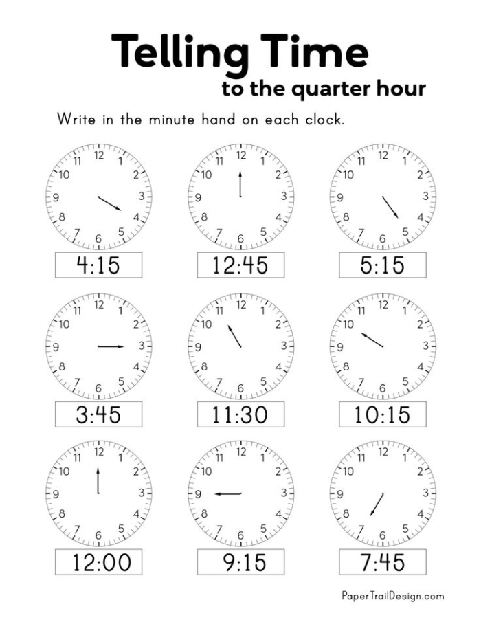 Second grade student practicing telling time on an analog clock worksheet number fifteen