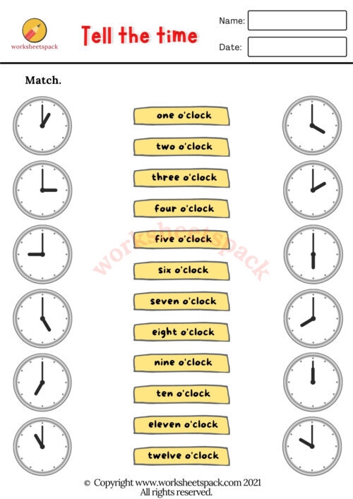 Second grade math worksheet featuring analog clocks for telling time