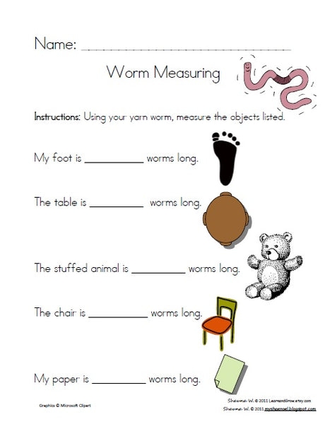 Engaging worksheet on measuring worms for young learners in geography A second-grade student measuring a worm on a worksheet about measurements