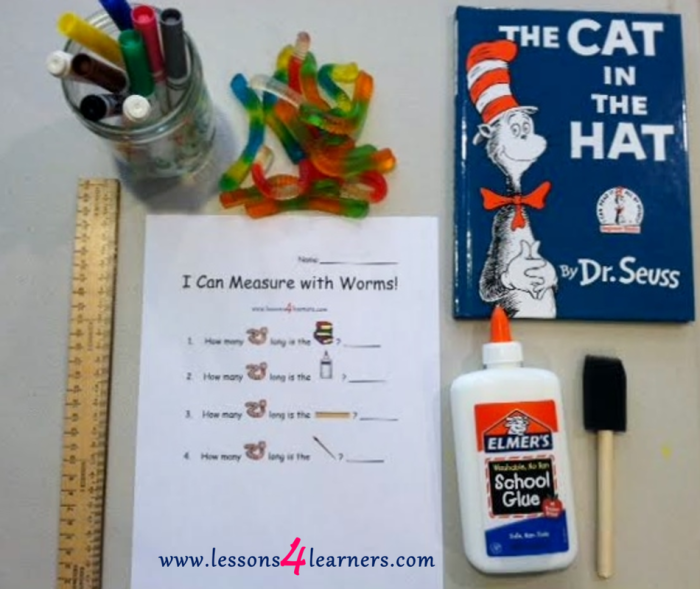 Worksheet activity for learning measurements with worms in geography class A second-grade student measuring a worm for the Measuring Worms worksheet