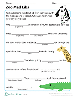 Zoo Mad Libs Activity Sheet 18 for Elementary Grammar and Creative Writing Fun Second grade students completing a zoo-themed Mad Libs worksheet with fill-in-the-blank story prompts for parts of speech practice