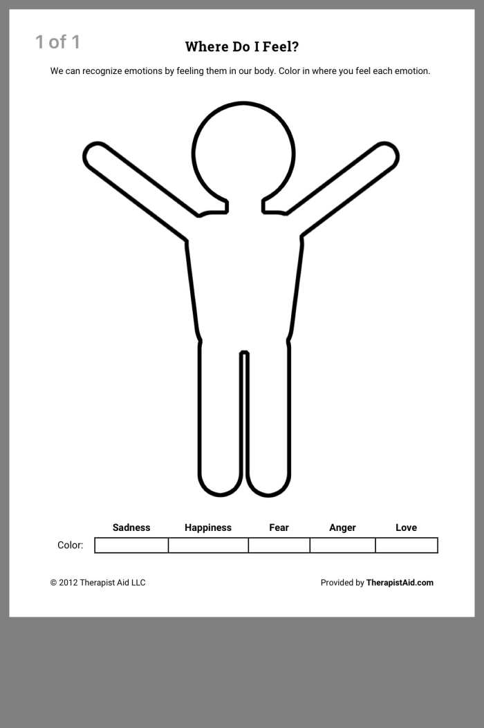 Emotions Body Map Activity for Young Learners - Image 3 A second grade student coloring different body parts with various colors to show where they feel different emotions on an emotions body map worksheet