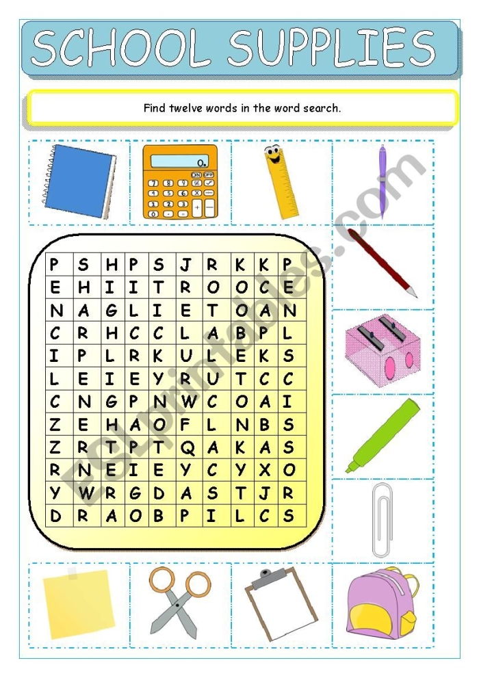 Second grade students practicing spelling with a school supplies themed word search worksheet