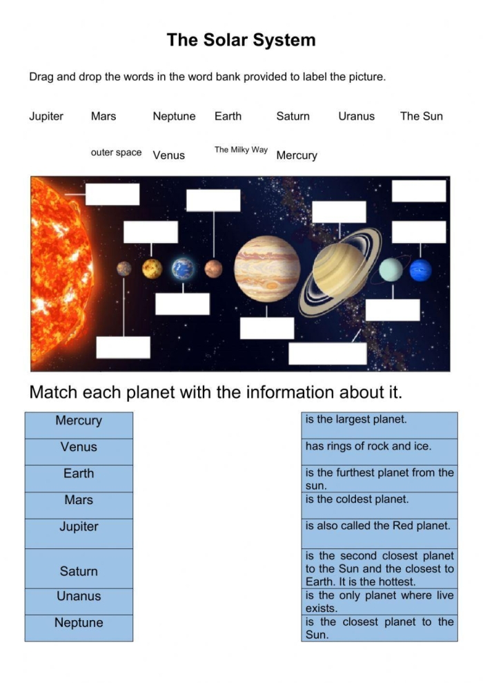 Second grade students matching planets and celestial bodies to solar system facts on a worksheet