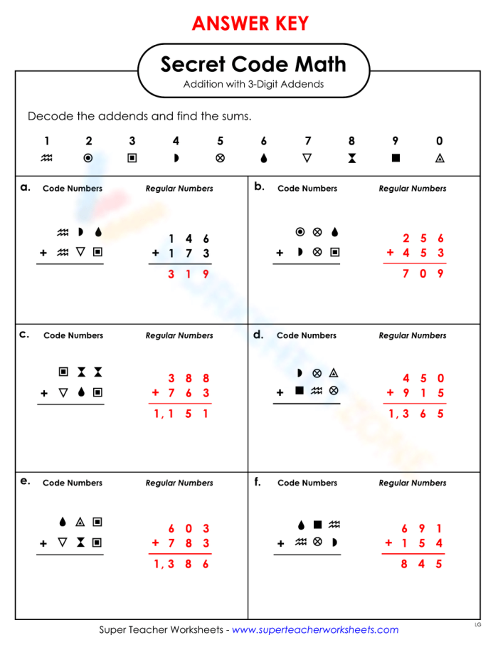 Fun and engaging math puzzle to decode and solve eight problems Secret Code Math worksheet for fourth graders featuring addition puzzles