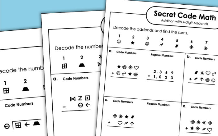 Engaging math activity for decoding and addition skills in a worksheet Secret Code Math worksheet showing a fun math puzzle for fourth graders
