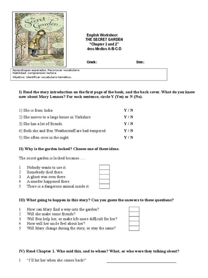 Fifth grade student working on a reading comprehension worksheet about The Secret Garden