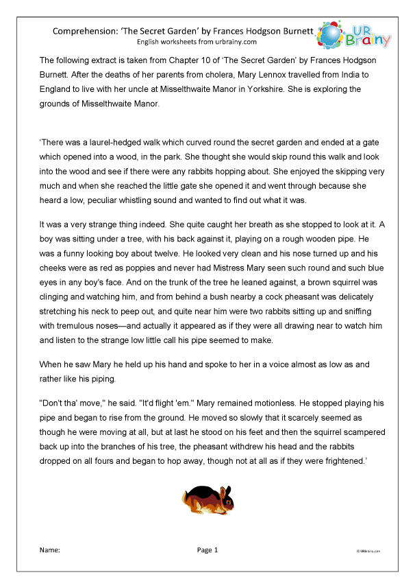 Worksheet featuring reading comprehension activities based on "The Secret Garden" for fifth graders