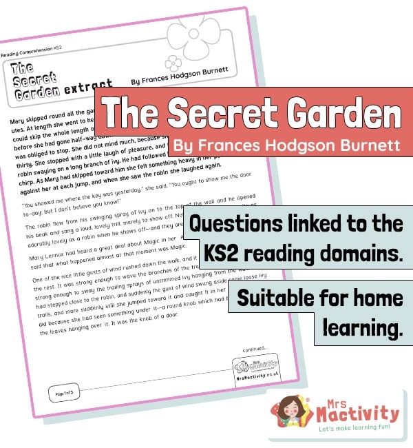 Fourth grade reading comprehension worksheet featuring a passage from The Secret Garden
