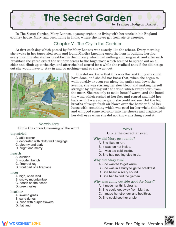 Fifth grade reading comprehension worksheet featuring a passage from The Secret Garden