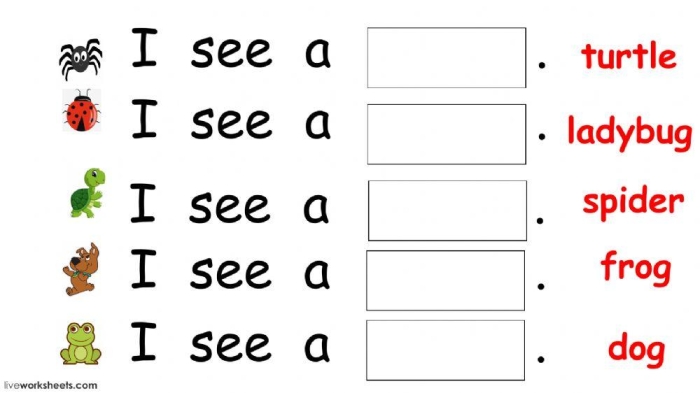 A colorful preschool worksheet showing a creative creature designed around the word see