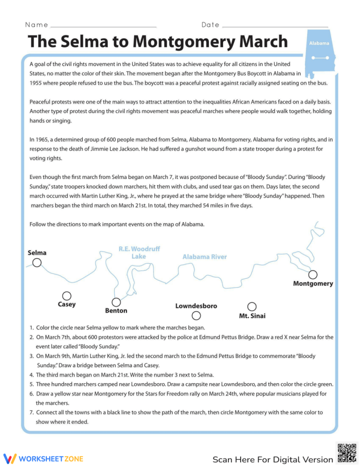 Third grade student completing a writing activity about the Selma to Montgomery March